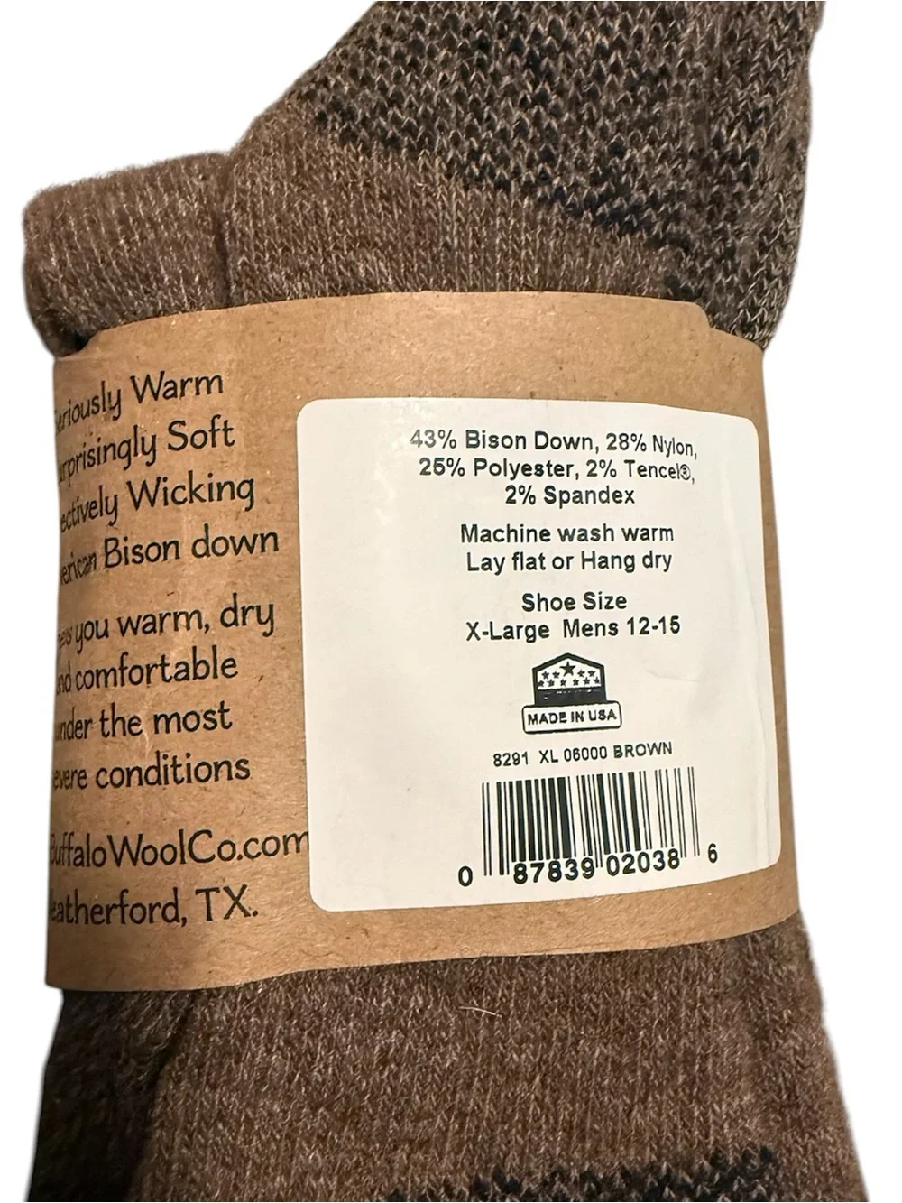 Bison Down Crew Socks, XL, Brown, Warm, Soft, Gift, Hiking